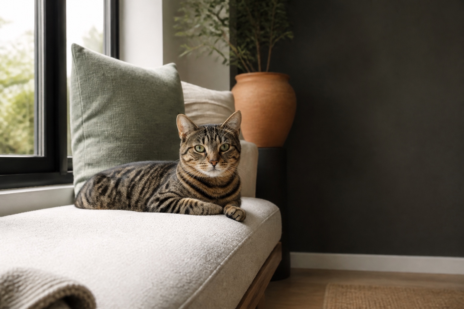 A tabby cat resting in a bright home