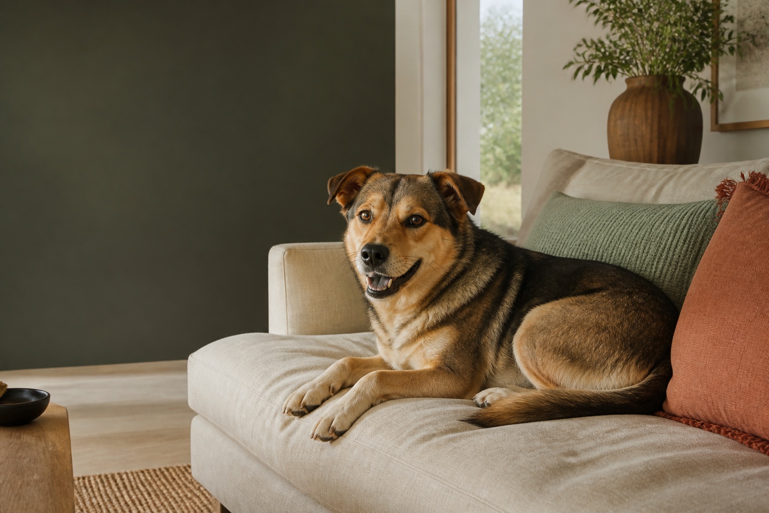 A friendly dog relaxing on a linen sofa