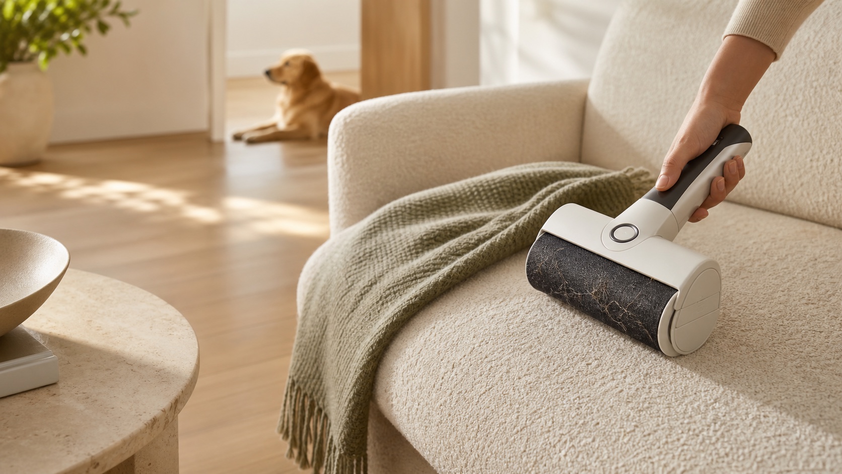 A calm pet home with a Defurro fur roller ready for a quick reset