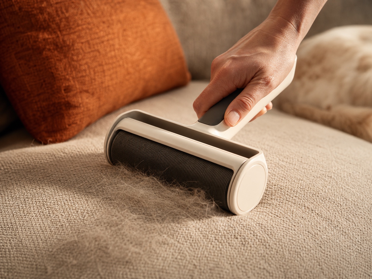 Reusable pet-hair roller gathering loose fur from a woven sofa